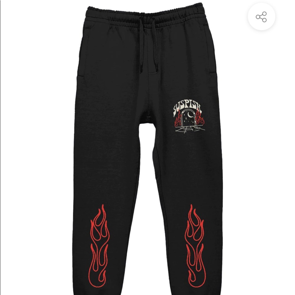 Black Suspish Track Pants with Red Flame Design